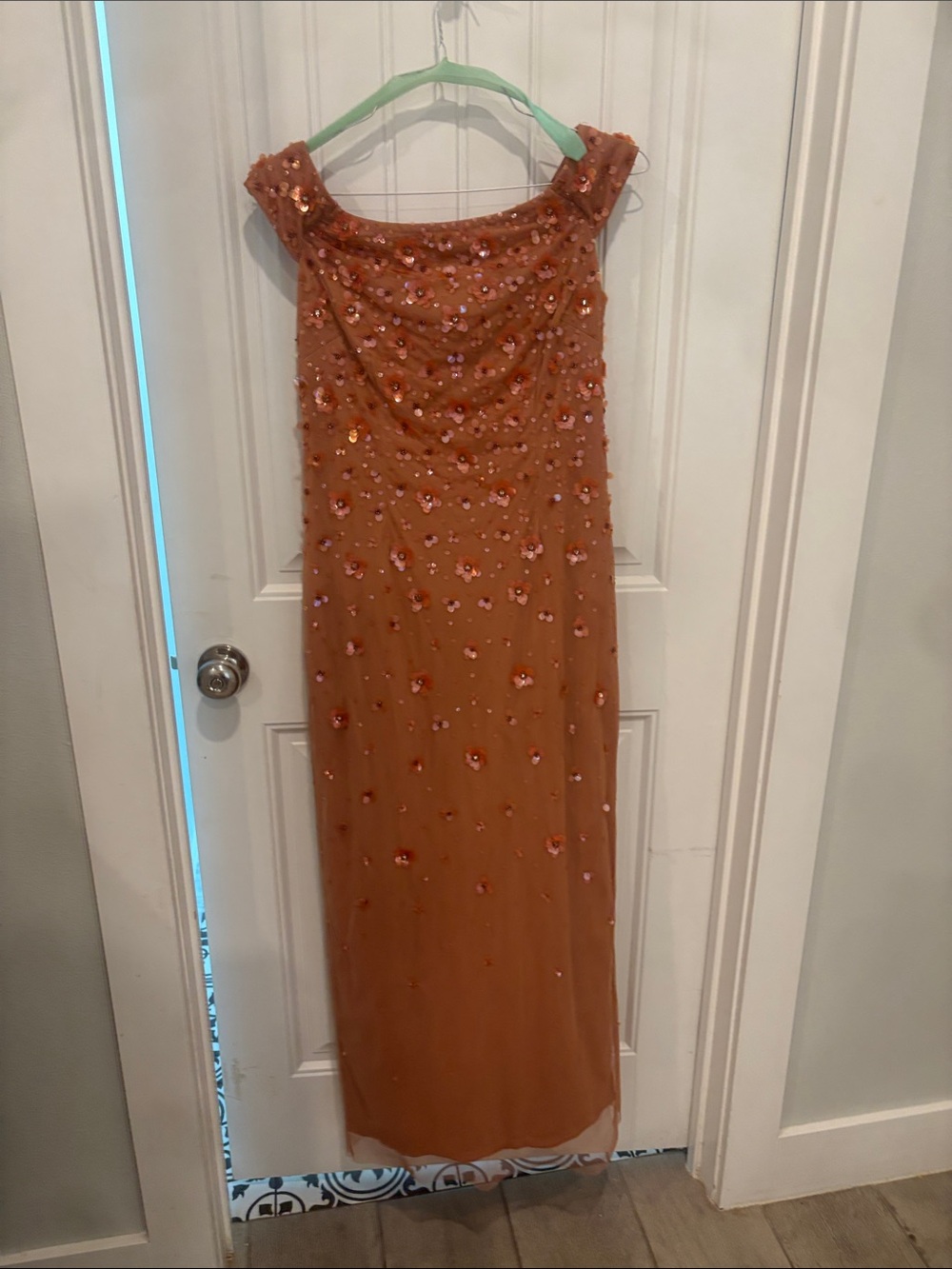 Adrianna Papell Size 10 Embellished Floral Sequin Maxi Dress – Rust/Terracotta